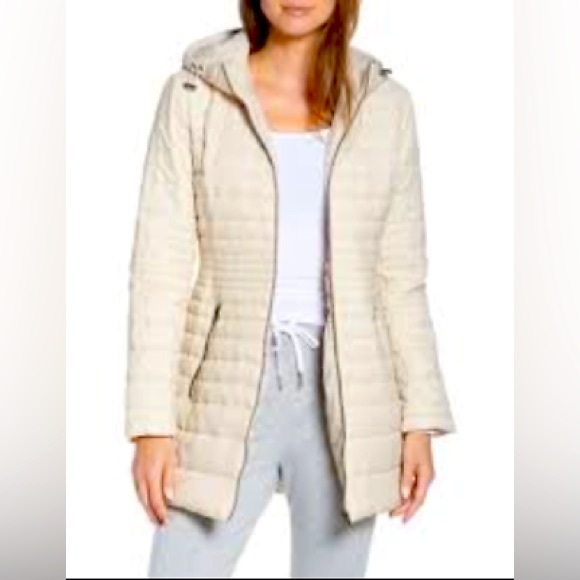 Zella City Dweller Longline Primaloft Quilted Cream Puffer Hooded Coat Jacket L - Picture 2 of 12